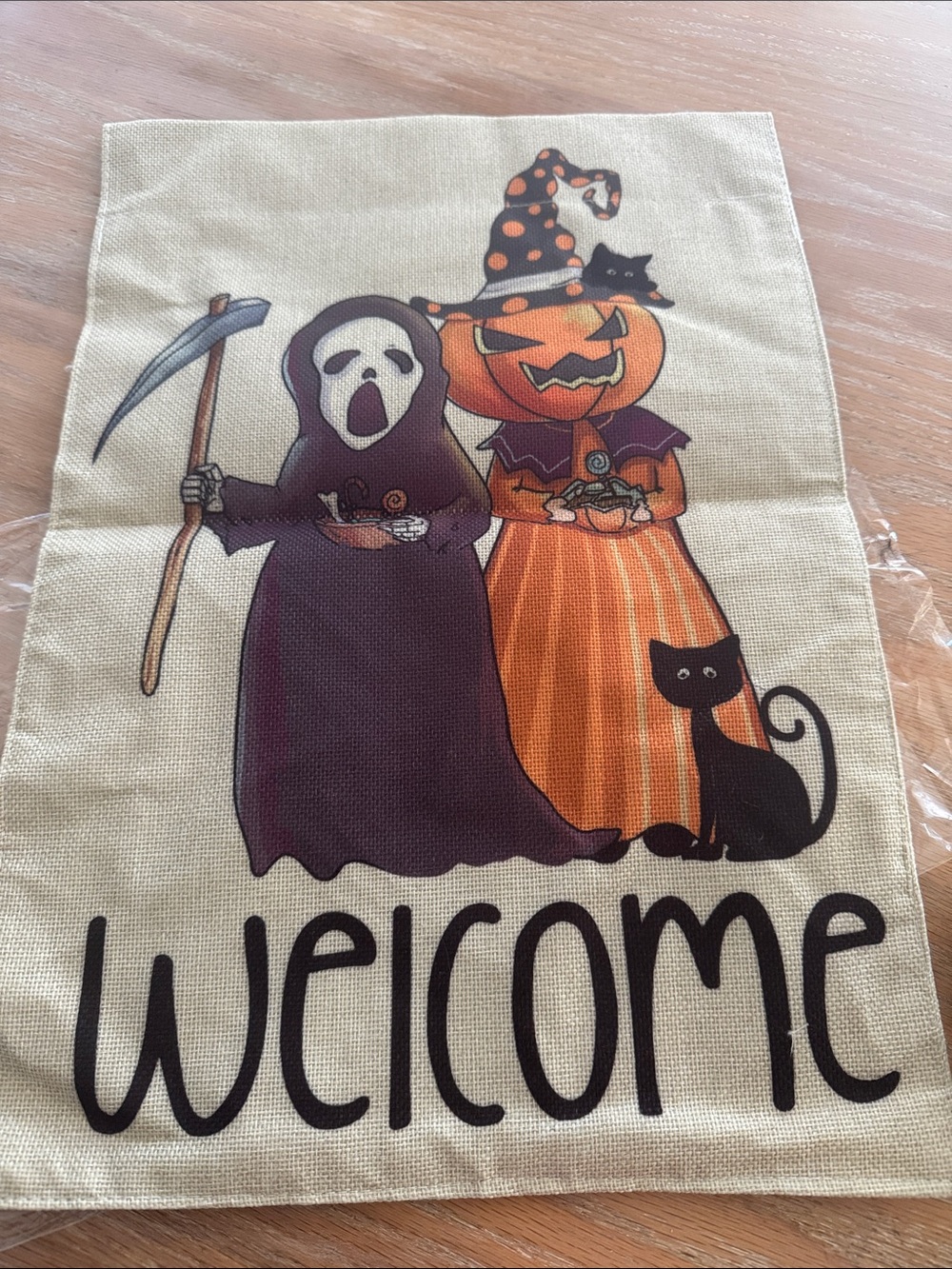 Halloween Welcome Burlap Flag with Orange Pumpkin and Black Cat